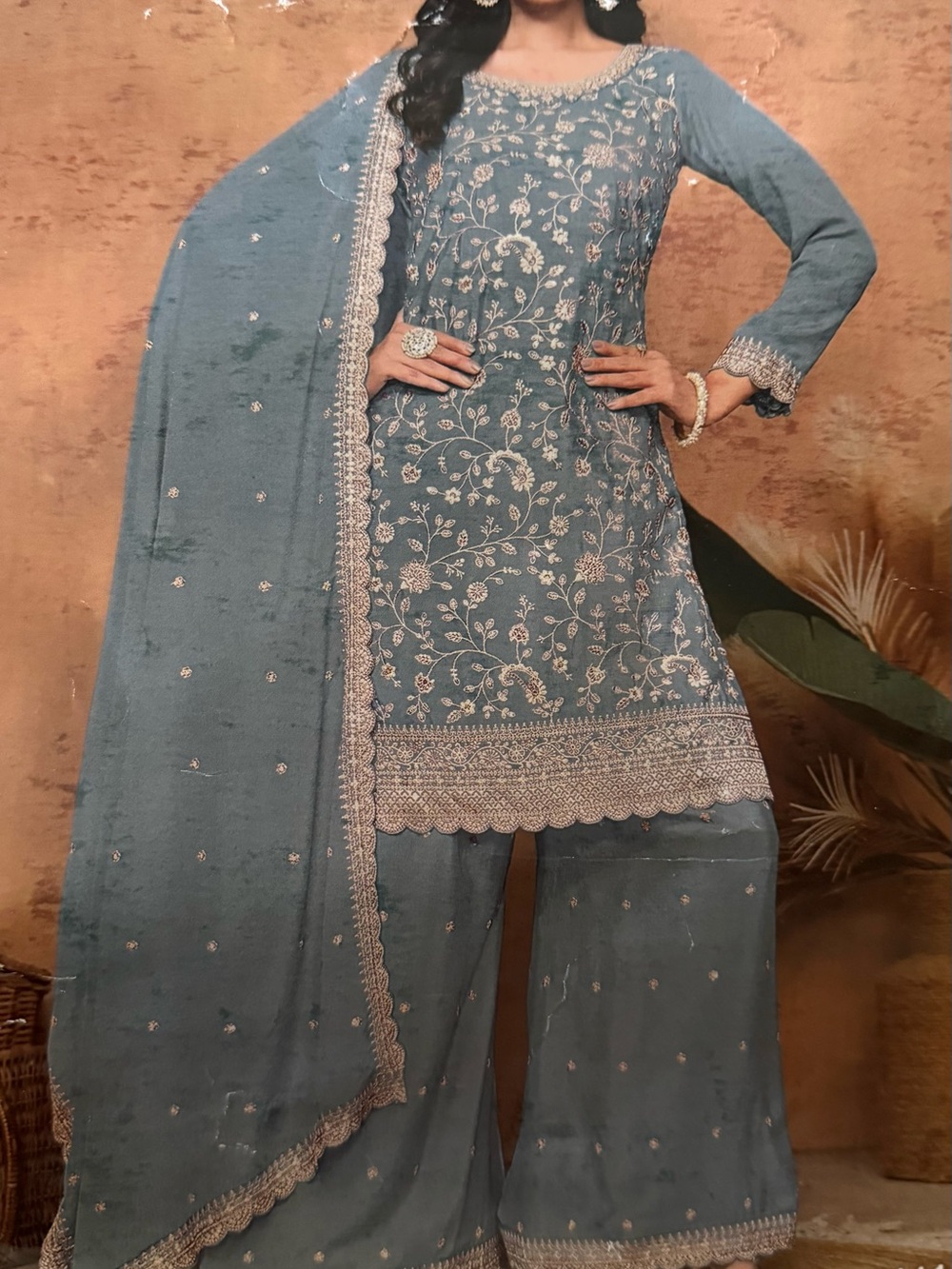 Embroidered Blue Floral Three-Piece Salwar Kameez